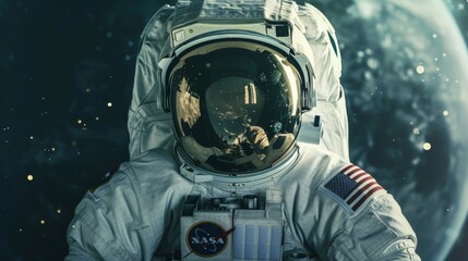 Astronaut with Reflection of Space in Helmet - obrazy, fototapety, plakaty