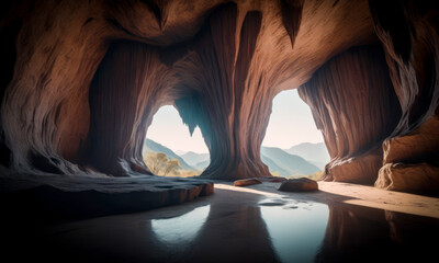 The sun's rays penetrate inside a beautiful fairy-tale cave. - obrazy, fototapety, plakaty