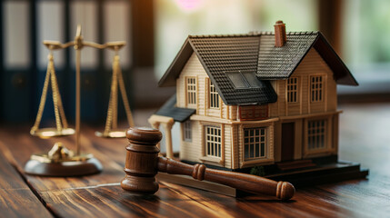 Gavel and House with Books on White Background: Symbol of Law and Justice