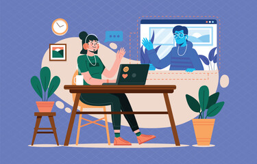 Video call friend flat vector illustration. Video call using laptop computer chatting with friend