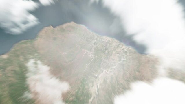 Earth zoom in from space to Baucau, Timor-Leste. Followed by zoom out through clouds and atmosphere into space. Satellite view. Travel intro. Images from NASA