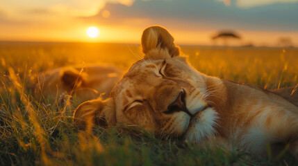 The lion is sleeping.