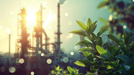 A fresh green leaf in sunlight with an industrial plant in the background.