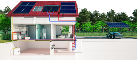 Heat Pump Circuit at a Modern Sustainable Home with Solar Panels and Electric Carport (isolated) - 3D Visualization - 773745767