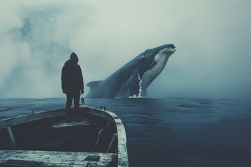 
Portrait of a man standing on the edge of a boat, with a majestic whale swimming in the cold sea behind them, creating a striking contrast of scale and emotion. - Powered by Adobe