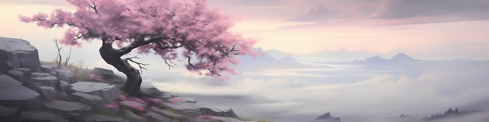 Perched on a rocky precipice, a solitary cherry blossom tree stands as a symbol of beauty and resilience. Its delicate flowers, painted in shades of pink, contrast against the rugged landscape.  - obrazy, fototapety, plakaty