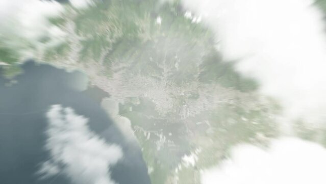 Earth zoom in from space to San Juan, Trinidad and Tobago. Followed by zoom out through clouds and atmosphere into space. Satellite view. Travel intro. Images from NASA