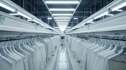 Naklejka premium Clothing factory. An automated garment manufacturing facility revolutionizing the fashion sector through modern robotic techniques. 