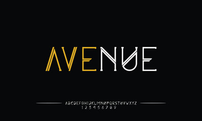 Avenue is Abstract minimal modern alphabet fonts. Typography technology vector illustration, classic suites for movie title. - obrazy, fototapety, plakaty