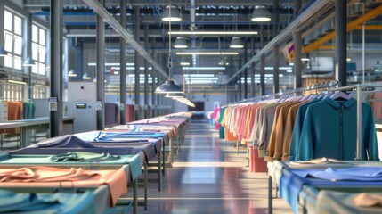 Clothing factory. An automated garment manufacturing facility revolutionizing the fashion sector through modern robotic techniques. 