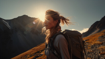 Naklejka premium A woman standing on top of a mountain at sunset , A woman wearing a backpack enjoying nature in the sunlight from behind, an extraordinary natural photo