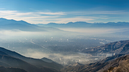 A panoramic view of a city covered in smog as seen from the mountains
