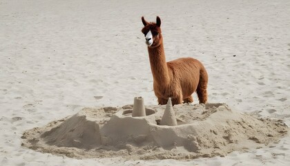 A Llama At The Beach Building A Sandcastle