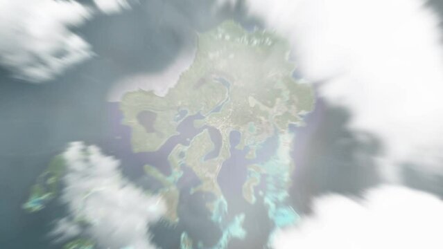 Earth zoom in from space to Neiafu, Tonga. Followed by zoom out through clouds and atmosphere into space. Satellite view. Travel intro. Images from NASA