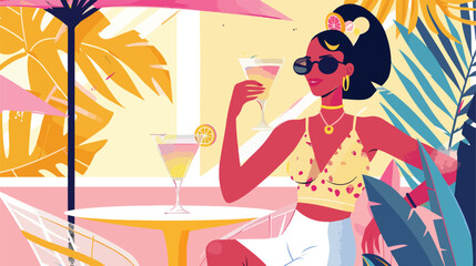 Fashion woman drinking martini in cafe vector illustration