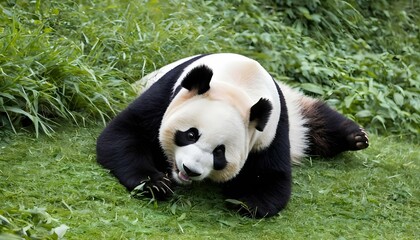 A Playful Giant Panda Rolling Down A Grassy Slope