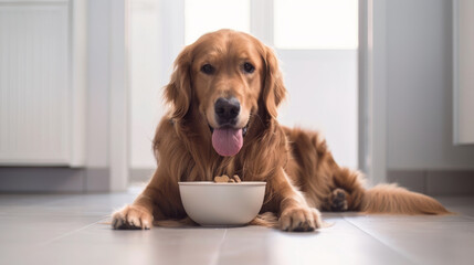 A smiling golden retriever lies with its paws stretched out in front of a food bowl.