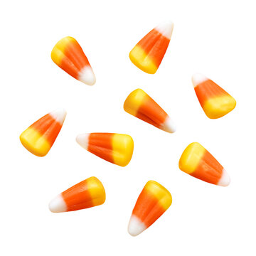 Pieces of Candy Corn Scattered Against Transparent Background