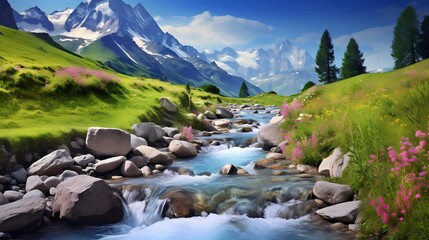 A narrow mountain stream winding through lush meadows, lined with vibrant blossoms, creating a peaceful and inviting scene in the heart of the Alps