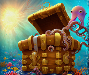 Octopus and Treasure Chest, Oil Painting - 773747743