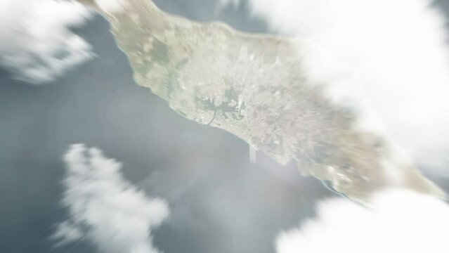 Earth zoom in from space to Willemstad, Curacao. Followed by zoom out through clouds and atmosphere into space. Satellite view. Travel intro. Images from NASA