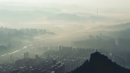 A city covered in smog with a single person standing on a mountaintop looking down