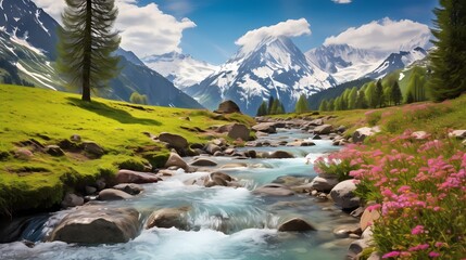 A narrow mountain stream winding through lush meadows, lined with vibrant blossoms, creating a peaceful and inviting scene in the heart of the Alps - obrazy, fototapety, plakaty