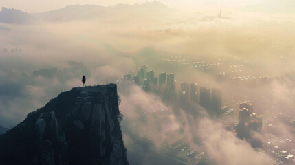 A city covered in smog with a single person standing on a mountaintop looking down - obrazy, fototapety, plakaty