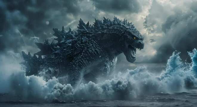 Godzilla Emerges From Ocean Causing Destruction Disaster Movie Concept