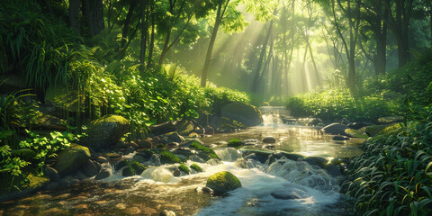 morning in the forest, A image of a tranquil forest stream flowing gently through a green forest, with sunlight filtering through the tree - obrazy, fototapety, plakaty