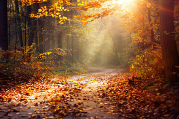 A winding forest path covered in fallen leaves leading to a sunlit clearing - Powered by Adobe
