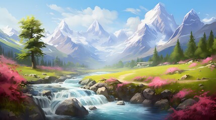 A narrow mountain stream winding through lush meadows, lined with vibrant blossoms, creating a...