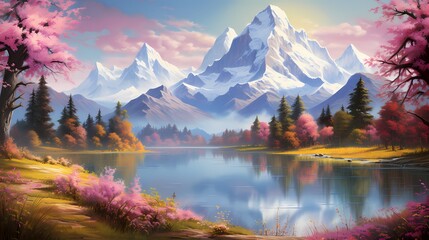 Majestic mountain peaks embracing a crystal-clear alpine lake, where the reflection mirrors the beauty of the blooming meadows in a perfect spring harmony
