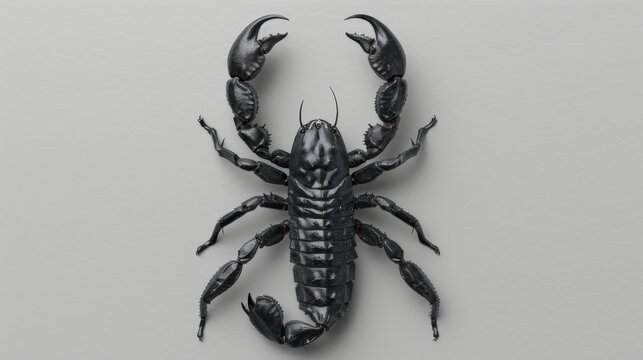Black scorpion on a grey background. Dangerous insect. Sting with poison.