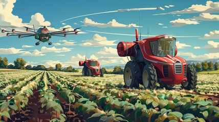 A smart farm with robotic harvesters and drones monitoring crops in a vast field - obrazy, fototapety, plakaty