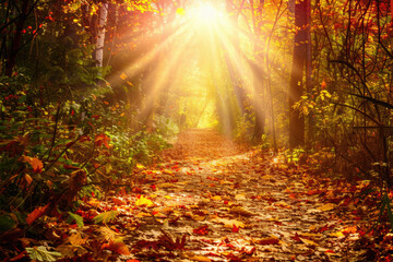 A winding forest path covered in fallen leaves leading to a sunlit clearing