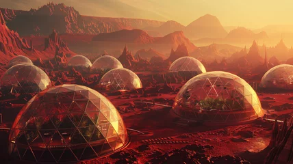 Foto auf Acrylglas Antireflex Advanced research facility on Mars, geodesic domes housing lush ecosystems, vibrant alien plants being studied, the red Martian landscape stretching beyond © praewpailyn