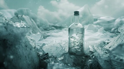 Crystal Clear Water Bottle Surrounded by Icy Landscape. Pure, Untouched Nature. Ideal for Cool Beverage Marketing. Simple, Clean Design. AI
