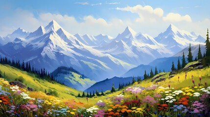 Towering snow-capped peaks standing tall against the blue sky, with a carpet of wildflowers blanketing the slopes, painting the Alps with vibrant hues - Powered by Adobe