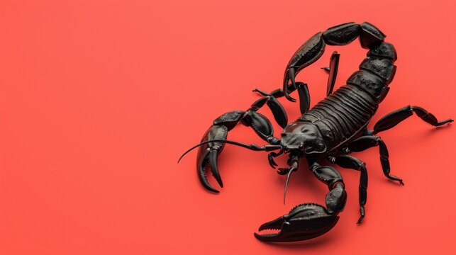 Black scorpion on a red background. Dangerous insect. Sting with poison.