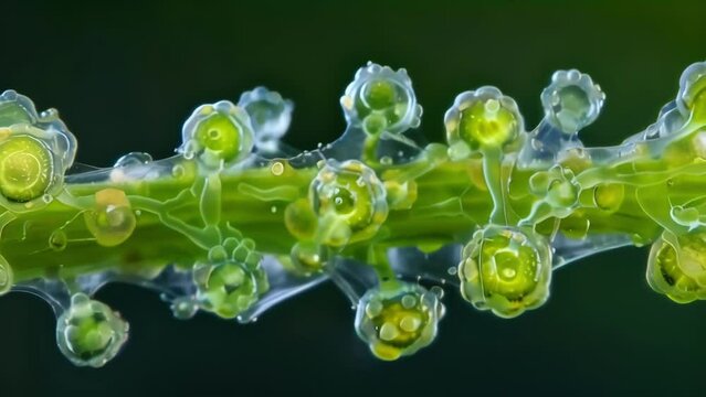 A of conidia clinging to a plant stem with their unique structures and textures helping them to cling and thrive in their natural . AI generation.