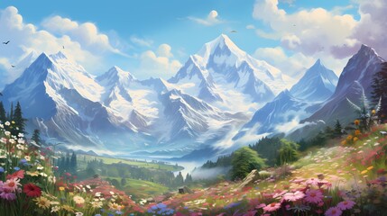 Towering snow-capped peaks standing tall against the blue sky, with a carpet of wildflowers blanketing the slopes, painting the Alps with vibrant hues - obrazy, fototapety, plakaty