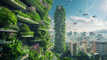 Eco-city with vertical gardens on skyscrapers, drones pollinating bio-engineered flowers, a harmonious blend of technology and nature - obrazy, fototapety, plakaty
