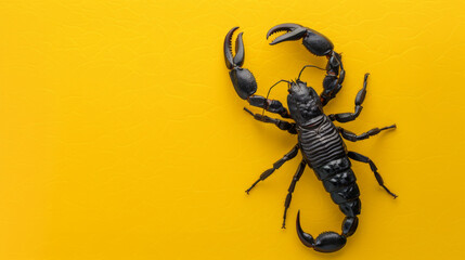 Black scorpion on a yellow background. Dangerous insect. Sting with poison. - obrazy, fototapety, plakaty