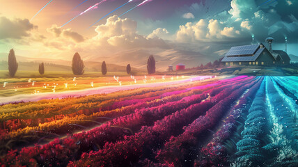 Futuristic agricultural fields, bio-engineered crops glowing with vibrant colors, robotic farmers tending to the fields, a high-tech farmhouse in the distance - obrazy, fototapety, plakaty