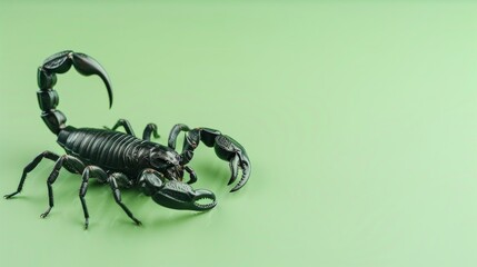 Black scorpion on a green background. Dangerous insect. Sting with poison.