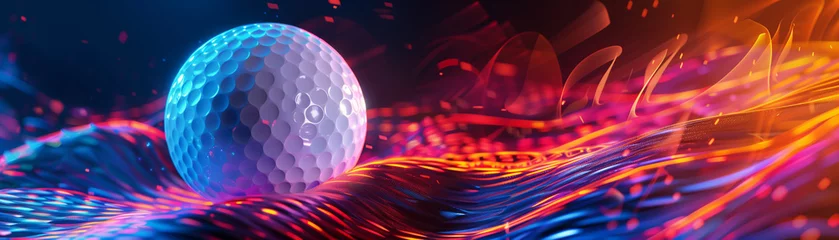 Rolgordijnen Golf ball with a dynamic, cyber sport background, vibrant colors and digital effects, banner ready © praewpailyn