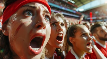 the passion of soccer fandom with close up shots of supporters' faces displaying a range of emotions during a match - obrazy, fototapety, plakaty