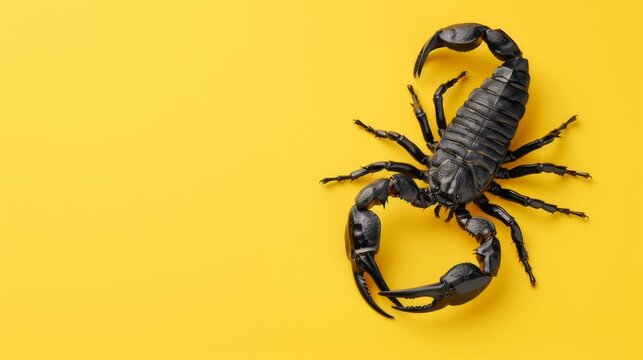 Black scorpion on a yellow background. Dangerous insect. Sting with poison.