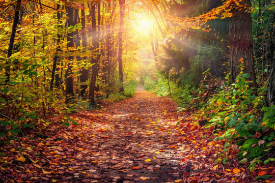 A winding forest path covered in fallen leaves leading to a sunlit clearing